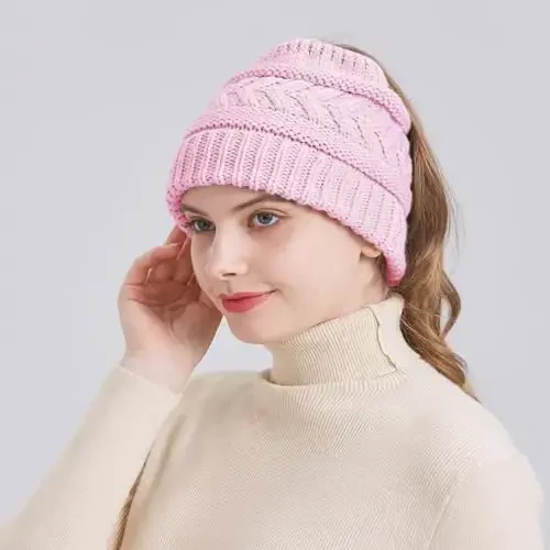 PFFY Ponytail Beanie Hat for Women Winter Warm Knit Beanies High Bun Hats Skull Cap - 3