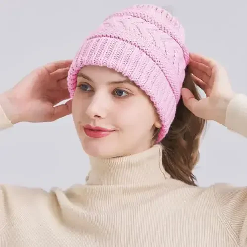 PFFY Ponytail Beanie Hat for Women Winter Warm Knit Beanies High Bun Hats Skull Cap - 4