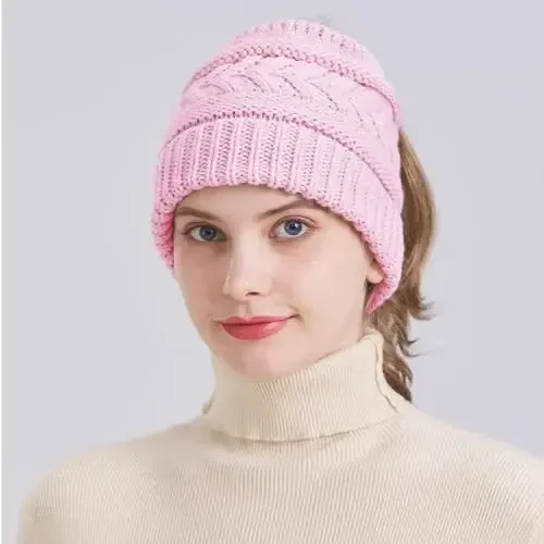 PFFY Ponytail Beanie Hat for Women Winter Warm Knit Beanies High Bun Hats Skull Cap - 5