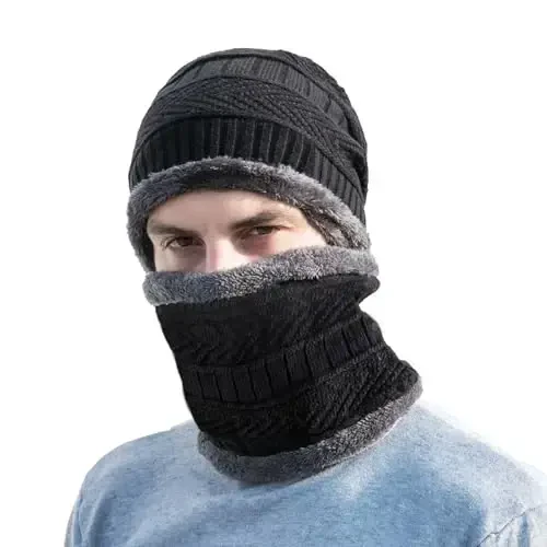 PFFY Warm Beanie Hat Scarf Set Knit Hats Thick Fleece Lined Winter Cap Neck Warmer for Men Women - 3