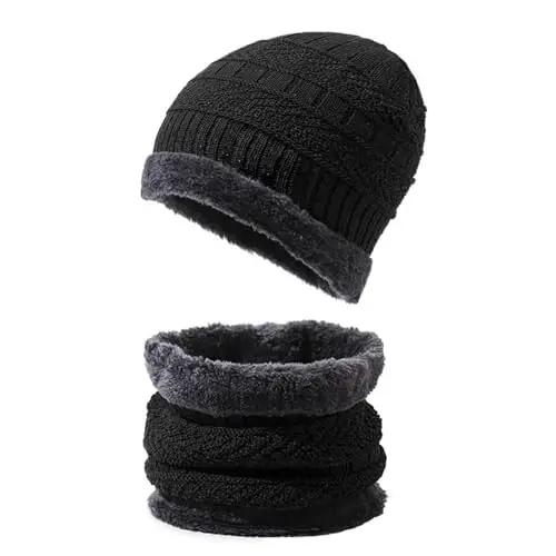 PFFY Warm Beanie Hat Scarf Set Knit Hats Thick Fleece Lined Winter Cap Neck Warmer for Men Women - 1