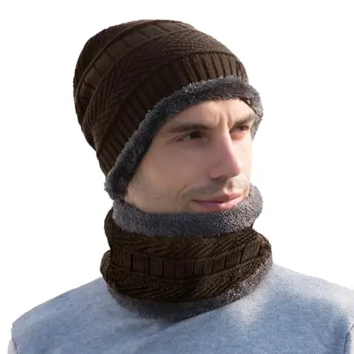PFFY Warm Beanie Hat Scarf Set Knit Hats Thick Fleece Lined Winter Cap Neck Warmer for Men Women - 4