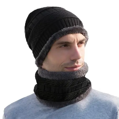 PFFY Warm Beanie Hat Scarf Set Knit Hats Thick Fleece Lined Winter Cap Neck Warmer for Men Women - 6