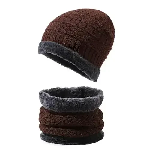 PFFY Warm Beanie Hat Scarf Set Knit Hats Thick Fleece Lined Winter Cap Neck Warmer for Men Women - 1