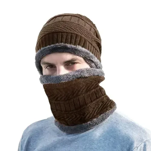 PFFY Warm Beanie Hat Scarf Set Knit Hats Thick Fleece Lined Winter Cap Neck Warmer for Men Women - 3