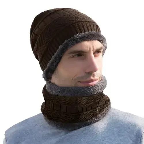 PFFY Warm Beanie Hat Scarf Set Knit Hats Thick Fleece Lined Winter Cap Neck Warmer for Men Women - 4