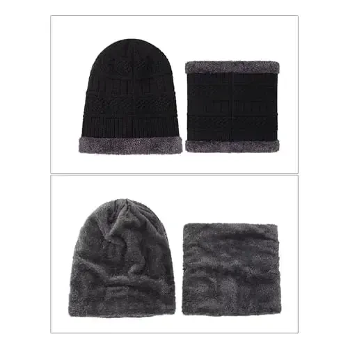 PFFY Warm Beanie Hat Scarf Set Knit Hats Thick Fleece Lined Winter Cap Neck Warmer for Men Women - 6