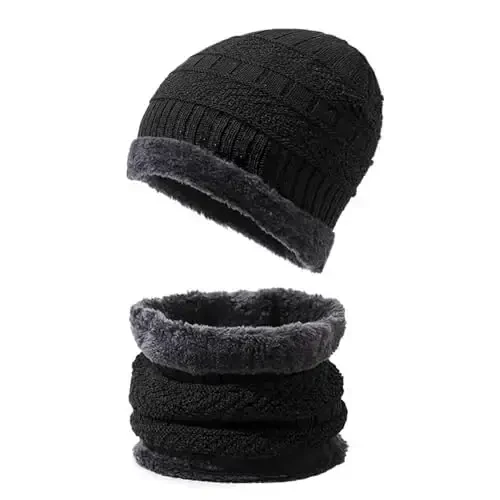 PFFY Warm Beanie Hat Scarf Set Knit Hats Thick Fleece Lined Winter Cap Neck Warmer for Men Women - PFFY