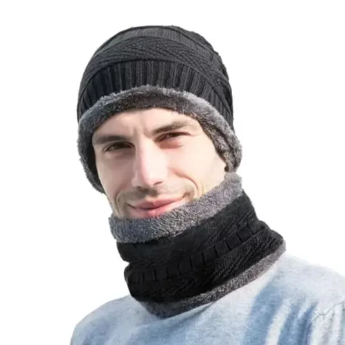 PFFY Warm Beanie Hat Scarf Set Knit Hats Thick Fleece Lined Winter Cap Neck Warmer for Men Women - 2