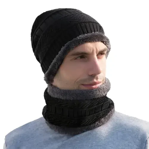 PFFY Warm Beanie Hat Scarf Set Knit Hats Thick Fleece Lined Winter Cap Neck Warmer for Men Women - 6