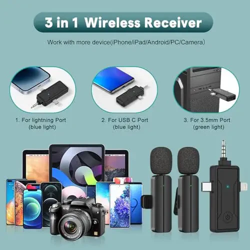 PGDLOF 3 in 1 Wireless Mini Microphone for iPhone Android Phone Camera - Bluetooth Lavalier Lapel Mic for Video Recording - Clip on Shirt Microphones for Tiktok YouTube Podcast Vlogging - 2