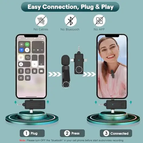 PGDLOF 3 in 1 Wireless Mini Microphone for iPhone Android Phone Camera - Bluetooth Lavalier Lapel Mic for Video Recording - Clip on Shirt Microphones for Tiktok YouTube Podcast Vlogging - 5