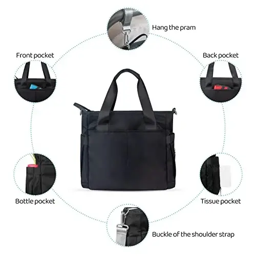 PHEBEN Diaper Bag Tote Satchel Waterproof Messenger Baby Diaper Bags for Mom and Dad Multifunction Medium Travel Tote Bags(Black) - 4