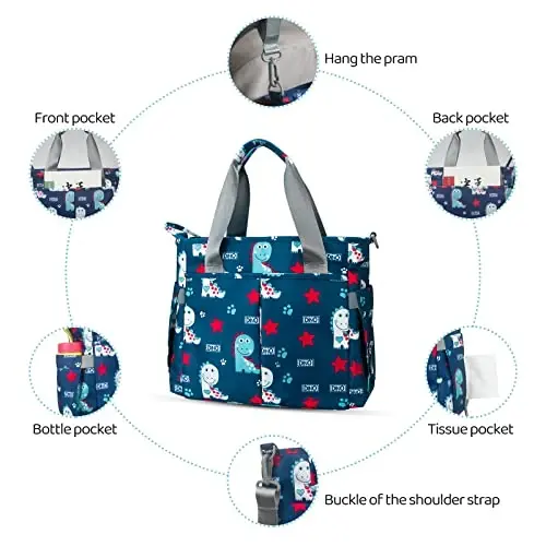 PHEBEN Diaper Bag Tote Satchel Waterproof Messenger Diaper Bags for Mom and Dad Multifunction Large Travel Tote Bags (Cute Dinosaur) - 4