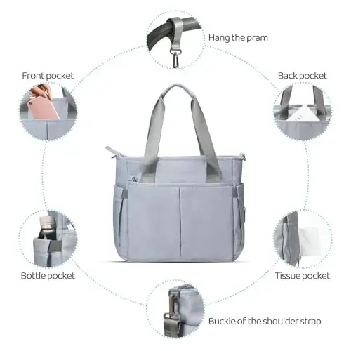 PHEBEN Diaper Bag Tote Satchel Waterproof Messenger Baby Diaper Bags for Mom and Dad Multifunction Medium Travel Tote Bags(Blue Grey) - 5