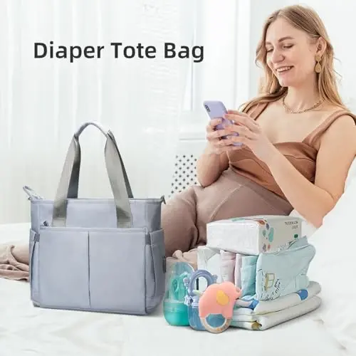 PHEBEN Diaper Bag Tote Satchel Messenger Diaper Bags for Mom and Dad Multifunction Large Travel Tote Bags(Blue Grey) - 3