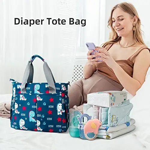 PHEBEN Diaper Bag Tote Satchel Waterproof Messenger Diaper Bags for Mom and Dad Multifunction Large Travel Tote Bags (Cute Dinosaur) - 2