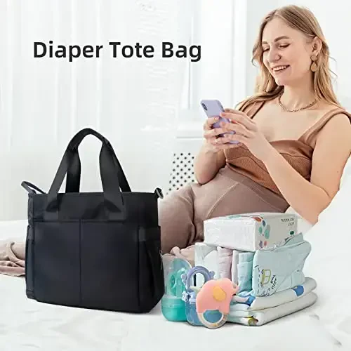 PHEBEN Pampers sumkasi Tote Satchel Suv o'tkazmaydigan Messenger Pampers sumkalari Ona va Dada uchun Ko'p funktsiyali Katta Sayohat Tote sumkalari (Qora) - 2