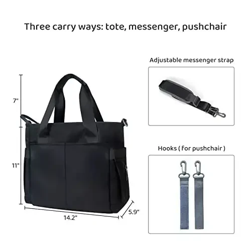 PHEBEN Pampers sumkasi Tote Satchel Suv o'tkazmaydigan Messenger Pampers sumkalari Ona va Dada uchun Ko'p funktsiyali Katta Sayohat Tote sumkalari (Qora) - 3