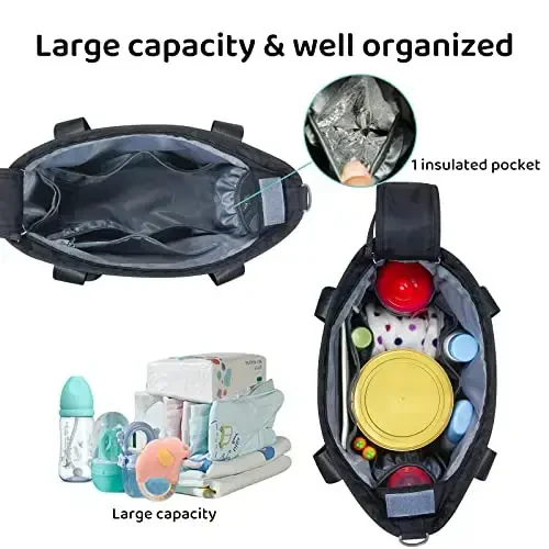 PHEBEN Pampers sumkasi Tote Satchel Suv o'tkazmaydigan Messenger Pampers sumkalari Ona va Dada uchun Ko'p funktsiyali Katta Sayohat Tote sumkalari (Qora) - 5