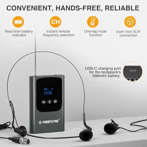 Phenyx Pro Single Digital Wireless Microphone System, w/Mini Receiver, Bodypack Transmitter,15 Channels in 900MHz UHF Band, Headset/Lapel Microphone for Karaoke, Singer, Church, Wedding (PDP-1-1B) - 4