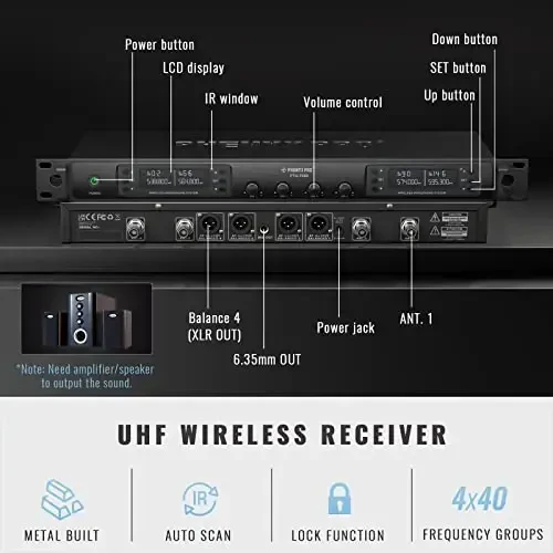 Phenyx Pro Wireless Microphone System, Quad Channel Wireless Mic, w/ 4x40 UHF Frequencies, Auto Scan, 328ft Long Range, 4 Handheld Dynamic Microphone for Singing, Church, Karaoke (PTU-7000-4H) - 2