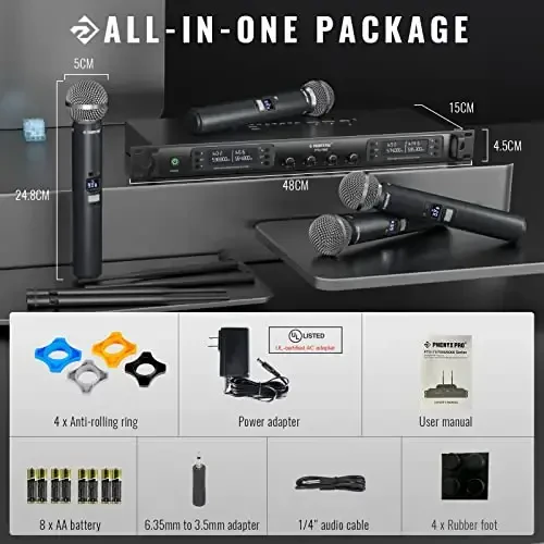 Phenyx Pro Wireless Microphone System, Quad Channel Wireless Mic, w/ 4x40 UHF Frequencies, Auto Scan, 328ft Long Range, 4 Handheld Dynamic Microphone for Singing, Church, Karaoke (PTU-7000-4H) - 6