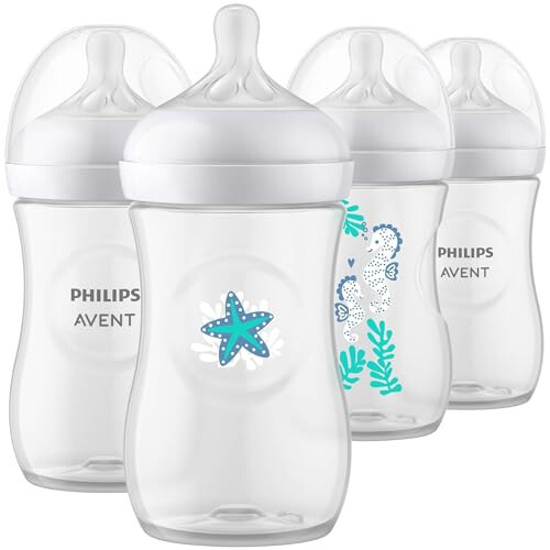 Philips Avent Natural Baby Bottle with Natural Response Nipple, with Sea Design, 9oz, 4pk, SCY903/68 - 1