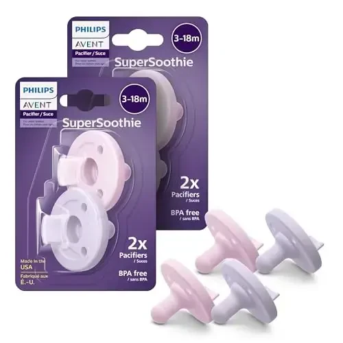 Philips Avent Soothie Orthodontic Baby Pacifiers, 100% Silicone Pacifiers, One Piece, BPA-Free, for Babies 3-18 Months, 2 Lilac and 2 Pink, 4 Pack, Model SCF192/70 - 1