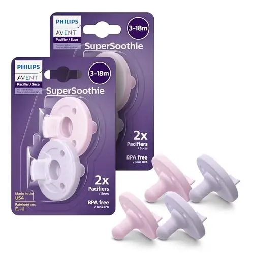 Philips Avent Soothie Orthodontic Baby Pacifiers, 100% Silicone Pacifiers, One Piece, BPA-Free, for Babies 3-18 Months, 2 Lilac and 2 Pink, 4 Pack, Model SCF192/70 