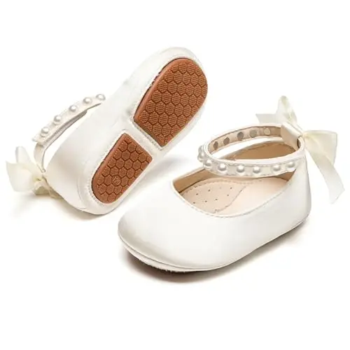 PHIRAMIN Baby Girls Mary Jane Flats - Infant Newborn Walking Shoes Soft Rubber Sole Princess Wedding 