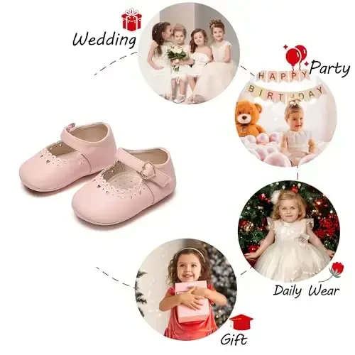 PHIRAMIN Baby Girls Mary Jane Flats - Infant Newborn Walking Shoes Soft Rubber Sole Princess Wedding - 4