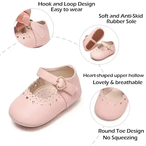 PHIRAMIN Baby Girls Mary Jane Flats - Infant Newborn Walking Shoes Soft Rubber Sole Princess Wedding - 5