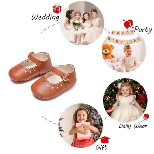 PHIRAMIN Baby Girls Mary Jane Flats - Infant Newborn Walking Shoes Soft Rubber Sole Princess Wedding - 4