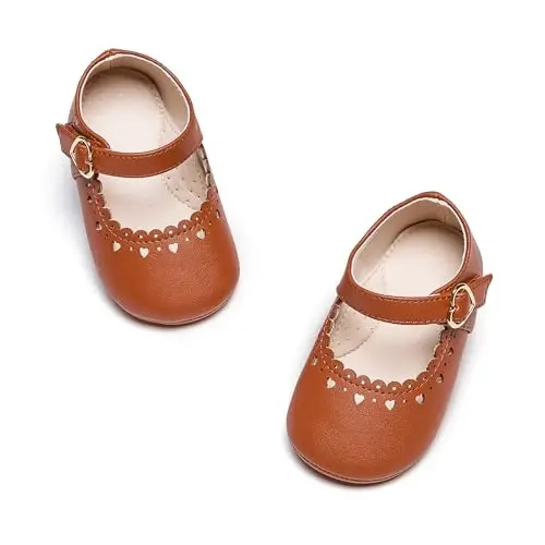 PHIRAMIN Baby Girls Mary Jane Flats - Infant Newborn Walking Shoes Soft Rubber Sole Princess Wedding - 7