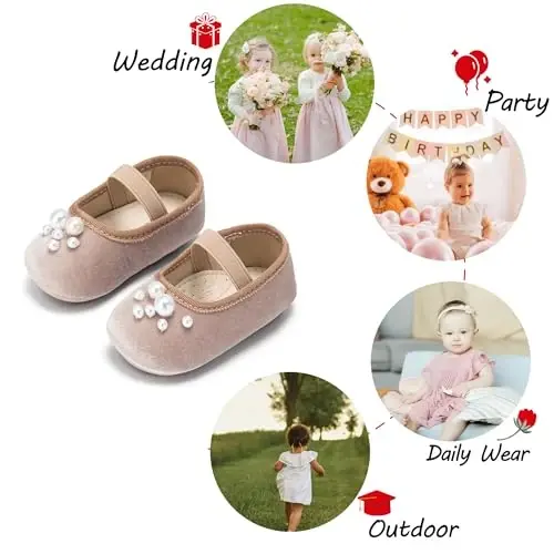 PHIRAMIN Baby Girls Mary Jane Flats - Infant Newborn Walking Shoes Soft Rubber Sole Princess Wedding - 4