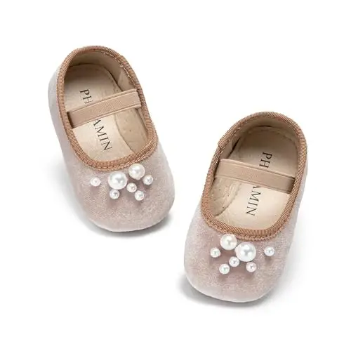 PHIRAMIN Baby Girls Mary Jane Flats - Infant Newborn Walking Shoes Soft Rubber Sole Princess Wedding - 6
