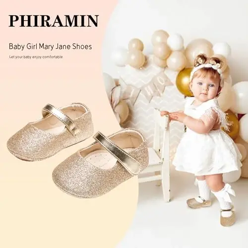 PHIRAMIN Baby Girls Mary Jane Flats - Infant Newborn Walking Shoes Soft Rubber Sole Princess Wedding - 2