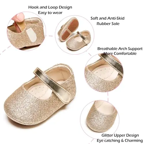 PHIRAMIN Baby Girls Mary Jane Flats - Infant Newborn Walking Shoes Soft Rubber Sole Princess Wedding - 4