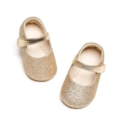 PHIRAMIN Baby Girls Mary Jane Flats - Infant Newborn Walking Shoes Soft Rubber Sole Princess Wedding - 6