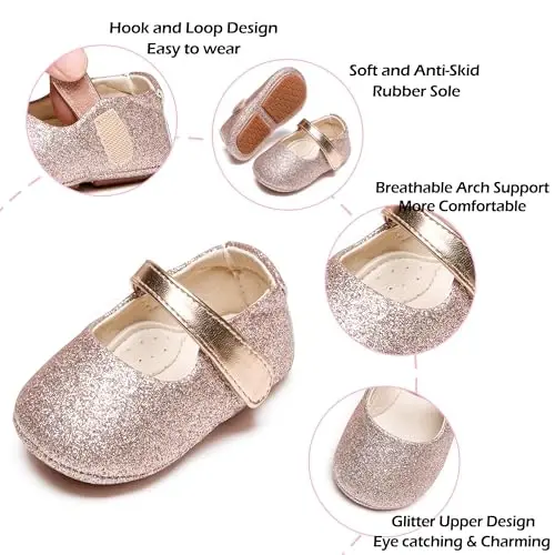 PHIRAMIN Baby Girls Mary Jane Flats - Infant Newborn Walking Shoes Soft Rubber Sole Princess Wedding - 4