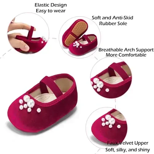 PHIRAMIN Baby Girls Mary Jane Flats - Infant Newborn Walking Shoes Soft Rubber Sole Princess Wedding - 5