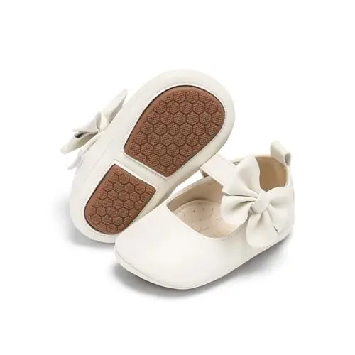PHIRAMIN Baby Girls Mary Jane Flats - Infant Newborn Walking Shoes Soft Rubber Sole Princess Wedding - 1