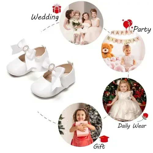 PHIRAMIN Baby Girls Mary Jane Flats - Infant Newborn Walking Shoes Soft Rubber Sole Princess Wedding - 4
