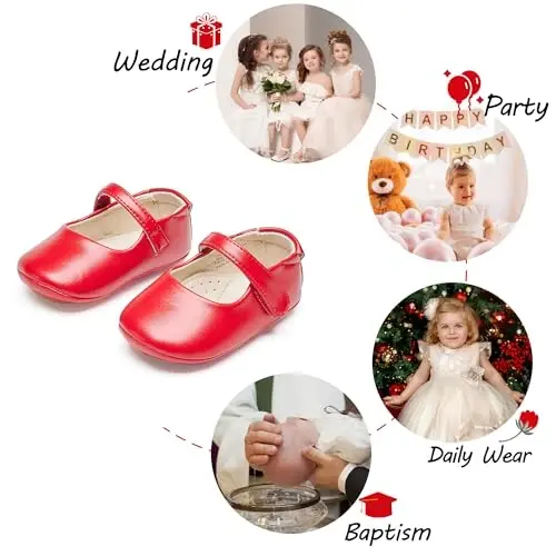 PHIRAMIN Baby Girls Mary Jane Flats - Infant Newborn Walking Shoes Soft Rubber Sole Princess Wedding - 3
