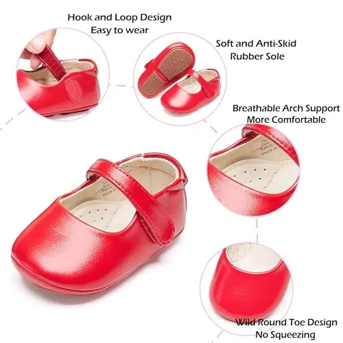 PHIRAMIN Baby Girls Mary Jane Flats - Infant Newborn Walking Shoes Soft Rubber Sole Princess Wedding - 4