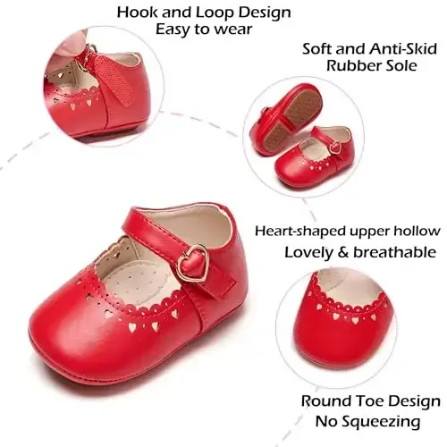 PHIRAMIN Baby Girls Mary Jane Flats - Infant Newborn Walking Shoes Soft Rubber Sole Princess Wedding - 5