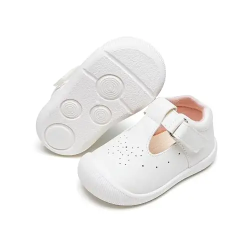 PHIRAMIN Baby Girls Mary Jane Flats - Infant Newborn Walking Shoes Soft Rubber Sole Princess Wedding - 1