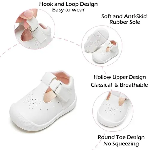 PHIRAMIN Baby Girls Mary Jane Flats - Infant Newborn Walking Shoes Soft Rubber Sole Princess Wedding - 5