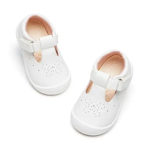 PHIRAMIN Baby Girls Mary Jane Flats - Infant Newborn Walking Shoes Soft Rubber Sole Princess Wedding - 7
